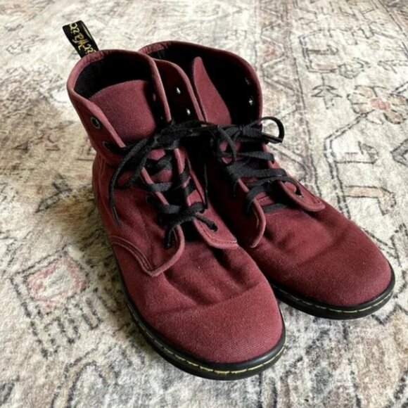 Dr. Martens Shoes - Dr. Martens Shoreditch Canvas Boots in Cherry Red Fabric Steampunk Boots SZ 8